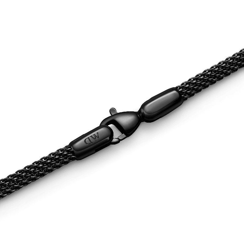 Daniel Wellington Ashfield black stainless steel mesh bracelet with secure lobster clasp and engraved DW logo.