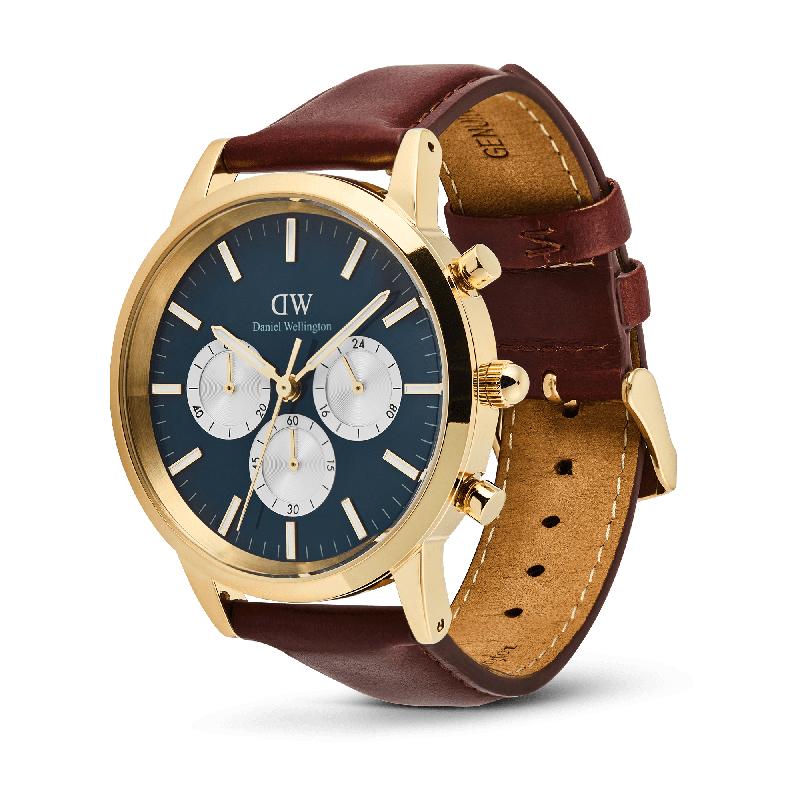Daniel Wellington Bundle : Iconic Chronograph Panda + Ellipse Cuban Chain Bracelet Gold Set