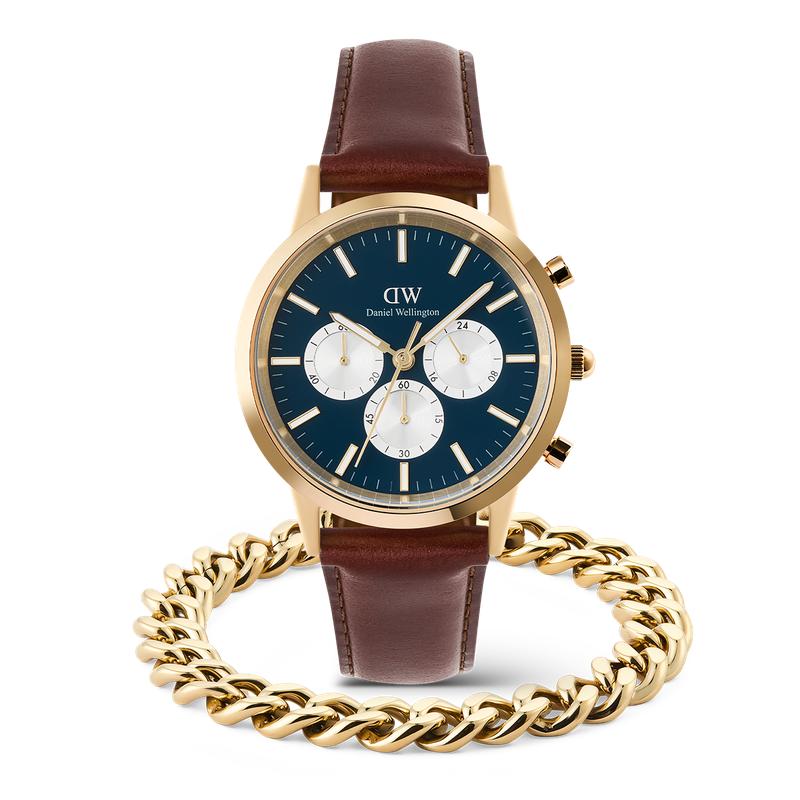 Daniel Wellington Bundle : Iconic Chronograph Panda + Ellipse Cuban Chain Bracelet Gold Set
