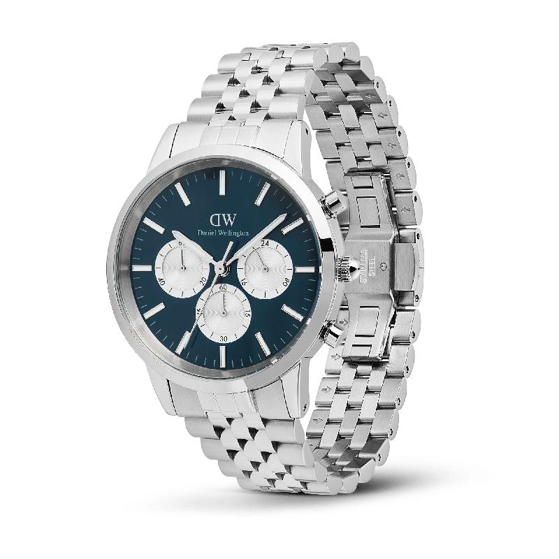 Daniel Wellington Bundle : Iconic Chronograph Panda + Ellipse Cuban Chain Bracelet Silver Set