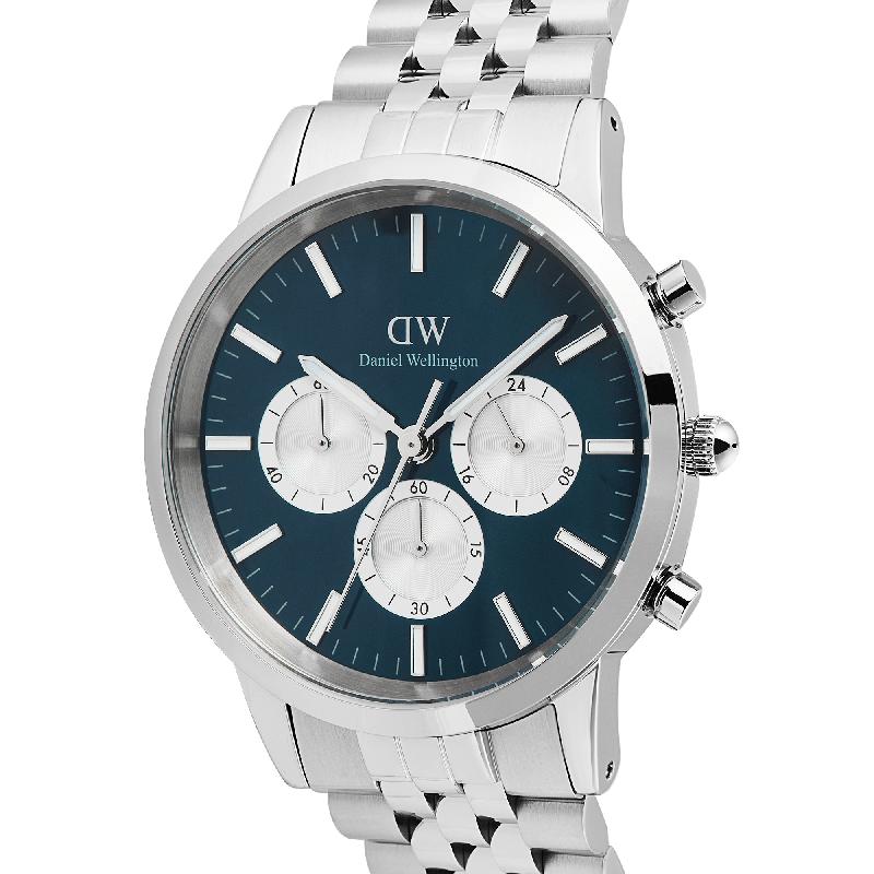 Daniel Wellington Bundle : Iconic Chronograph Panda + Ellipse Cuban Chain Bracelet Silver Set