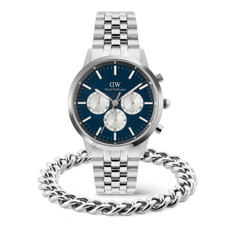 Daniel Wellington Bundle : Iconic Chronograph Panda + Ellipse Cuban Chain Bracelet Silver Set