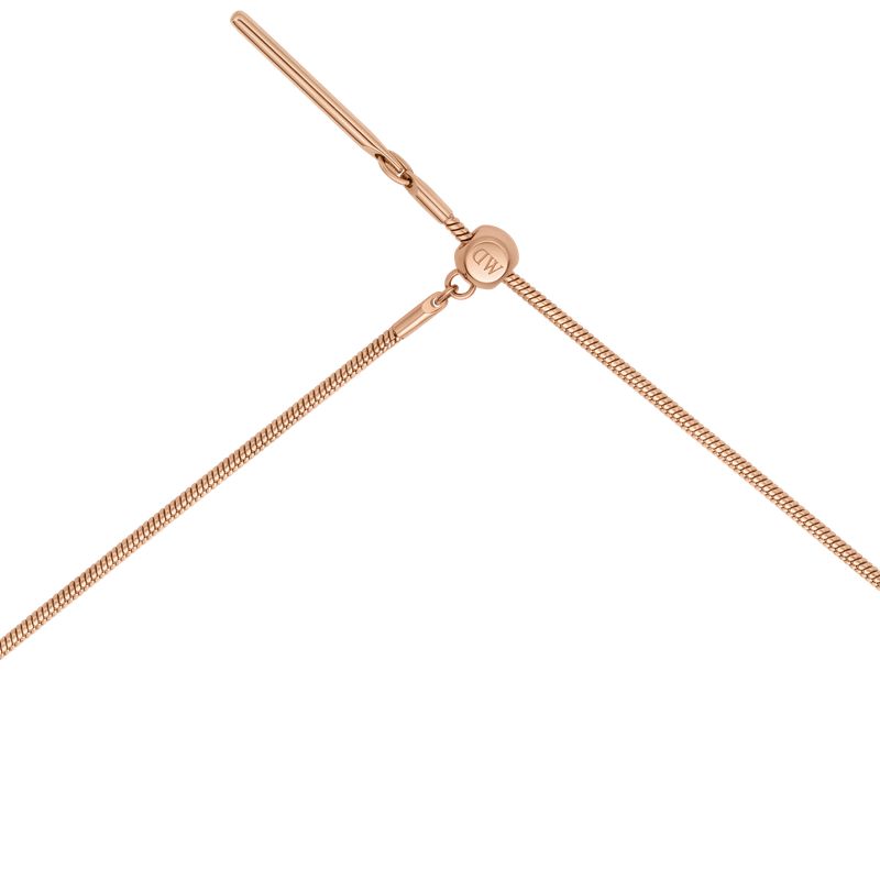 Rose gold plated stainless steel snake chain necklace with an adjustable sliding clasp featuring the Daniel Wellington logo.