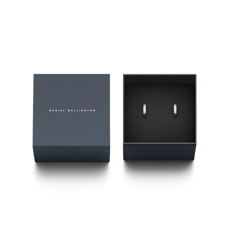 Silver stainless steel Classic Lumine hoop earrings with crystals in a branded Daniel Wellington gift box.