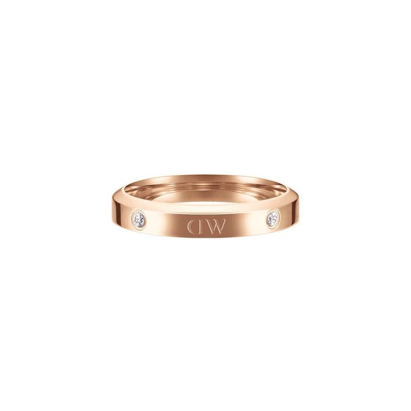 Daniel Wellington Classic Lumine rose gold stainless steel ring featuring sparkling crystal stones and logo etchings.