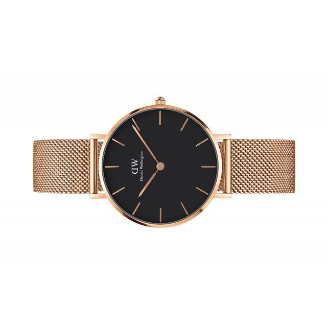 Daniel Wellington 32mm watch featuring a sleek black dial and elegant rose gold stainless steel mesh strap.