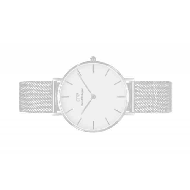 Daniel Wellington Classic Petite 32mm watch with a sleek white dial and elegant silver stainless steel mesh strap.
