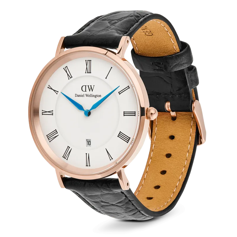 Daniel Wellington Classic Roman Numerals Date Black Croc Belly Rose Gold