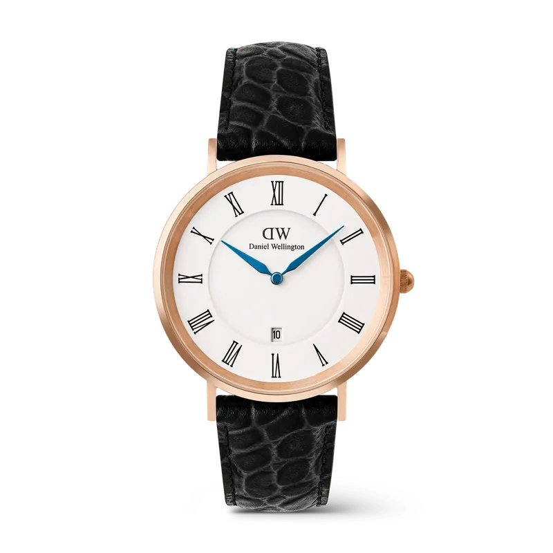 Daniel Wellington Classic Roman Numerals Date Black Croc Belly Rose Gold