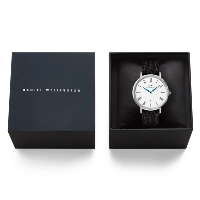 Daniel Wellington Classic Roman Numerals Date Black Croc Belly Silver