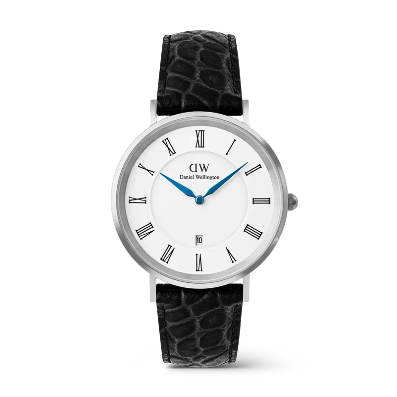 Daniel Wellington Classic Roman Numerals Date Black Croc Belly Silver