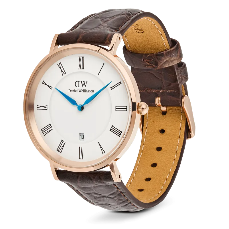 Daniel Wellington Classic Roman Numerals Date Dark Brown Croc Belly Rose Gold