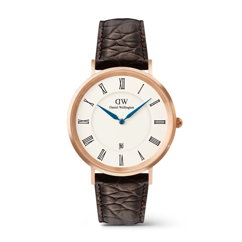 Daniel Wellington Classic Roman Numerals Date Dark Brown Croc Belly Rose Gold