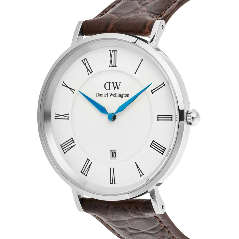 Daniel Wellington Classic Roman Numerals Date Dark Brown Croc Belly Silver