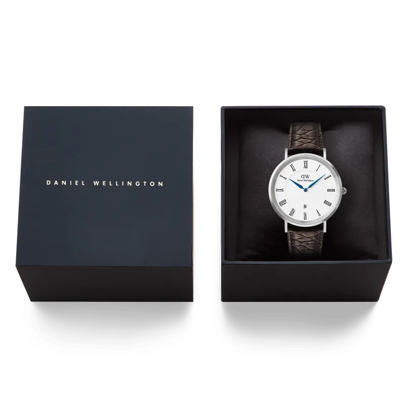 Daniel Wellington Classic Roman Numerals Date Dark Brown Croc Belly Silver