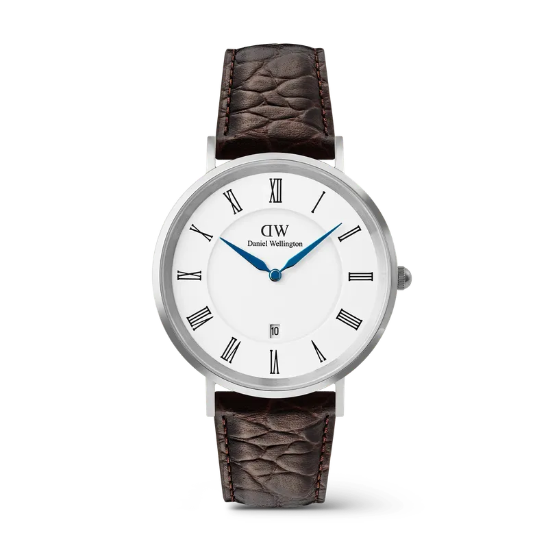 Daniel Wellington Classic Roman Numerals Date Dark Brown Croc Belly Silver