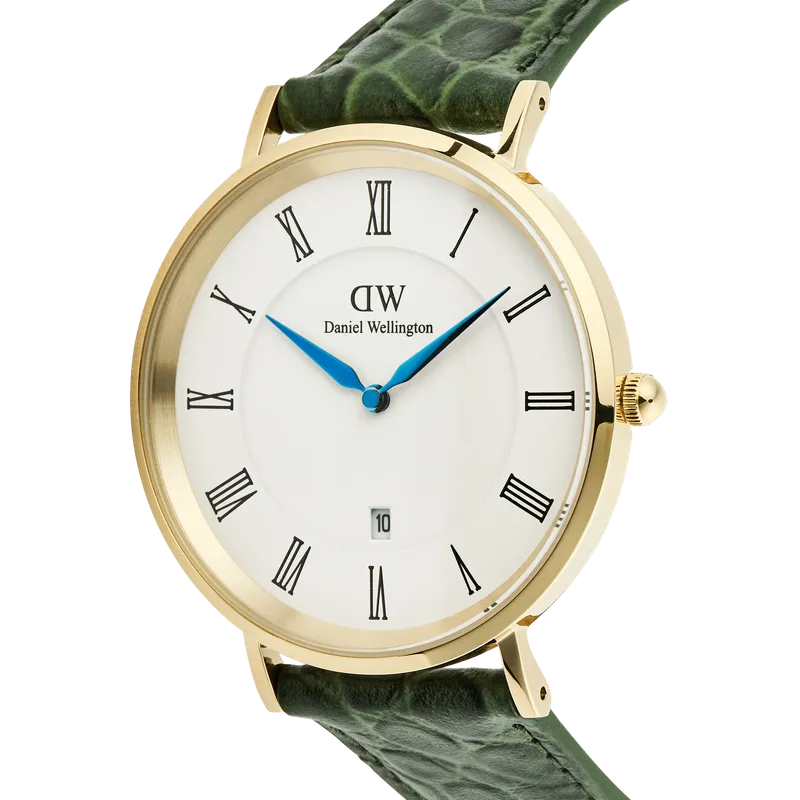 Daniel Wellington Classic Roman Numerals Date Dark Green Croc Belly Gold