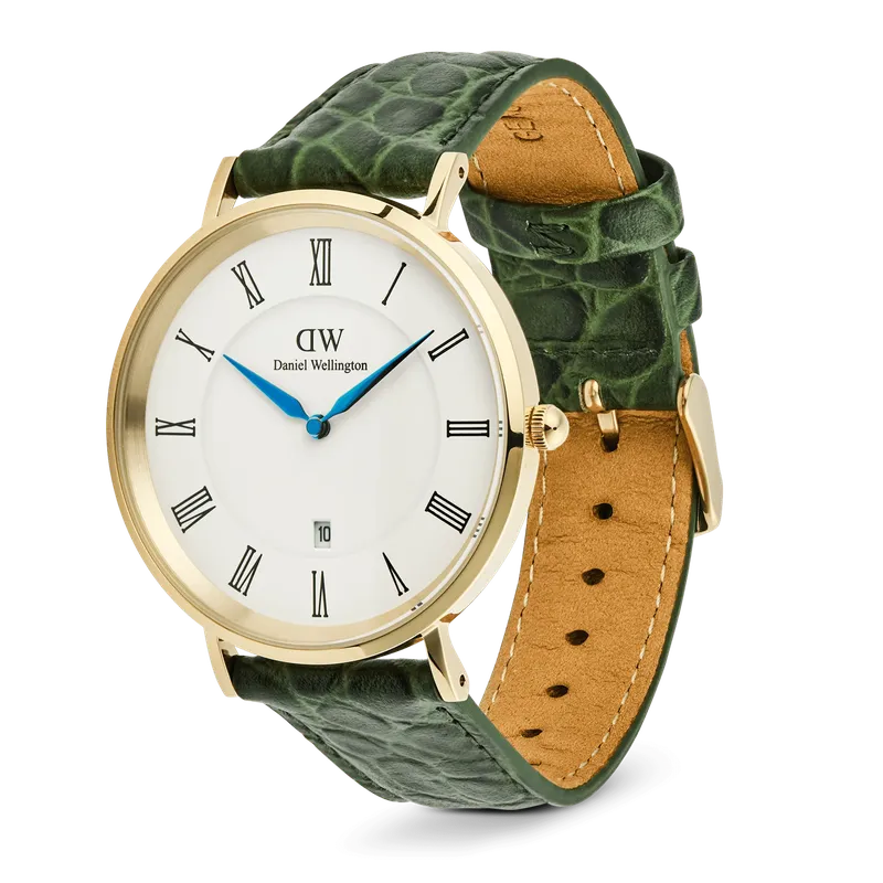 Daniel Wellington Classic Roman Numerals Date Dark Green Croc Belly Gold