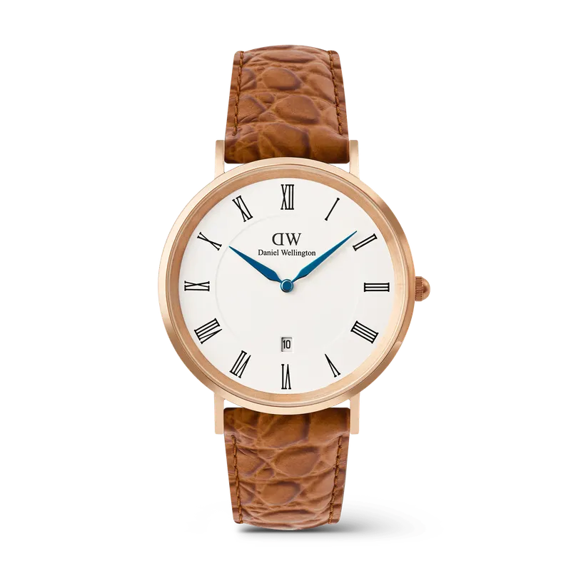 Daniel Wellington Classic Roman Numerals Date Light Brown Croc Belly Rose Gold