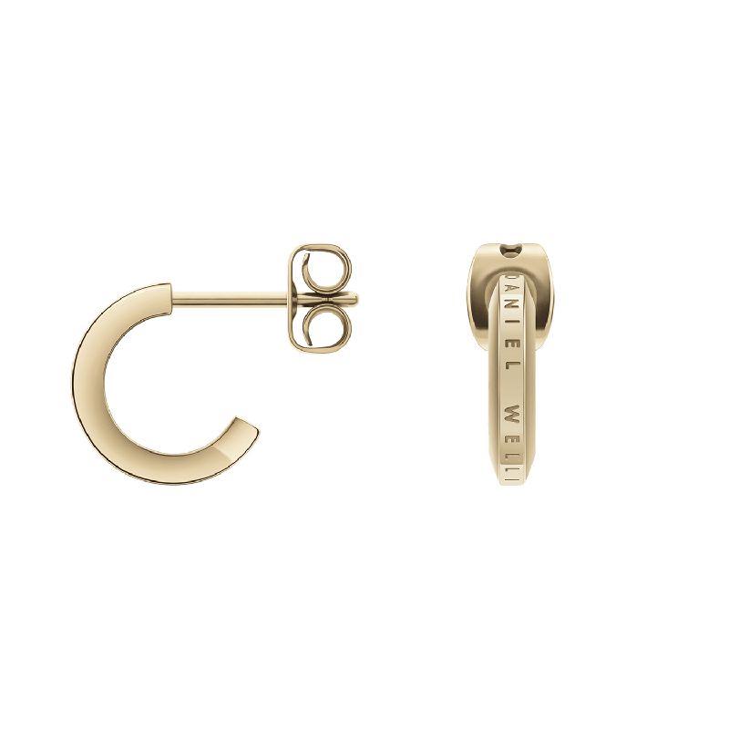 Minimalist Daniel Wellington Elan gold-plated stainless steel hoop earrings with subtle logo engraving.