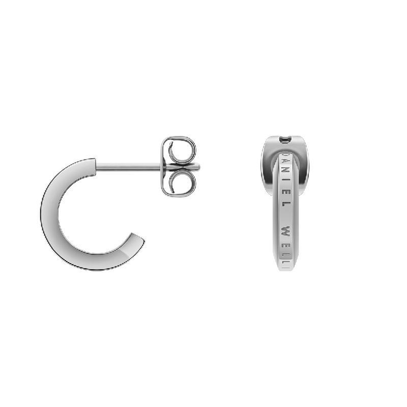Minimalist silver Daniel Wellington Elan hoop earrings in polished stainless steel with subtle logo engraving.