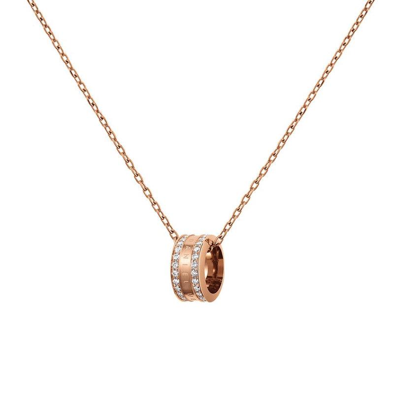 Daniel Wellington Elan Lumine rose gold necklace with a crystal-adorned pendant on a sleek stainless steel cable chain.