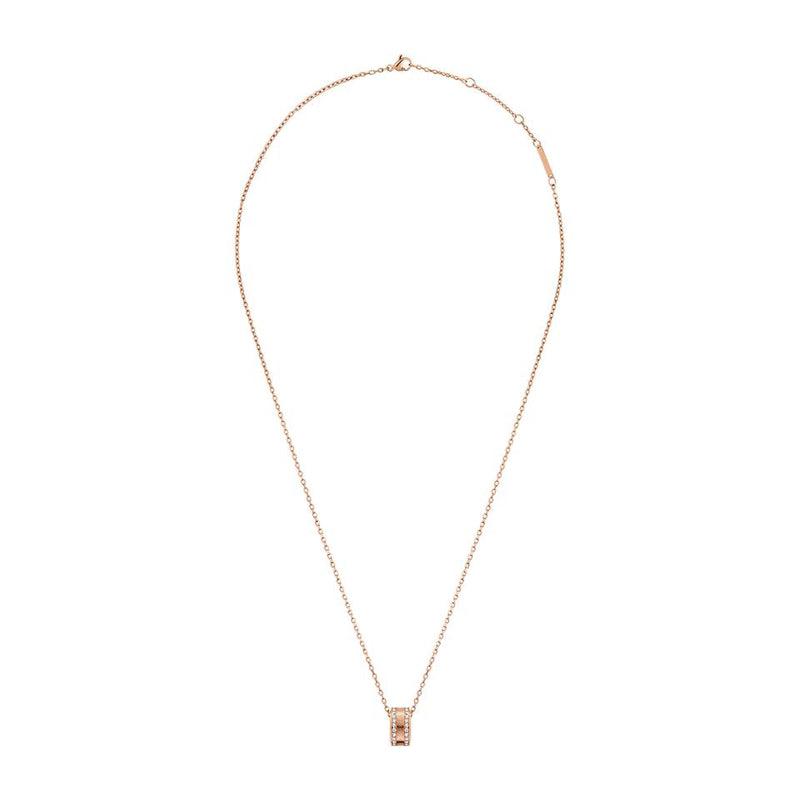 Daniel Wellington Elan Lumine rose gold necklace with a crystal-adorned pendant on a sleek stainless steel cable chain.