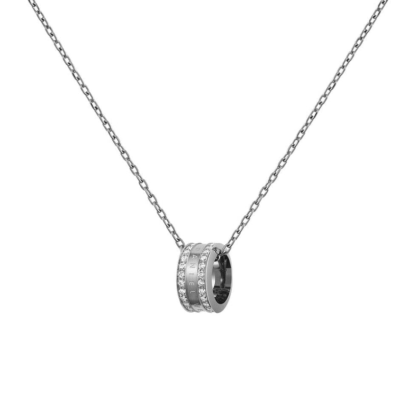 Daniel Wellington Elan Lumine silver stainless steel necklace with a crystal-adorned circular pendant on a cable chain.