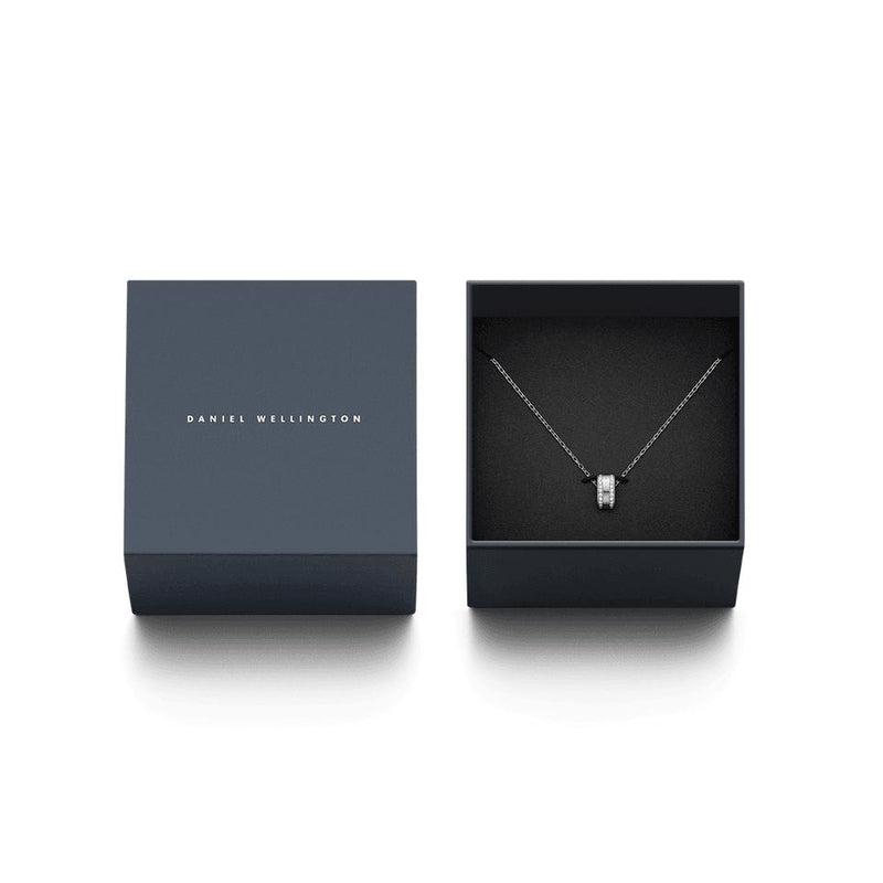 Daniel Wellington Elan Lumine silver stainless steel necklace with crystal pendant in a branded gift box.