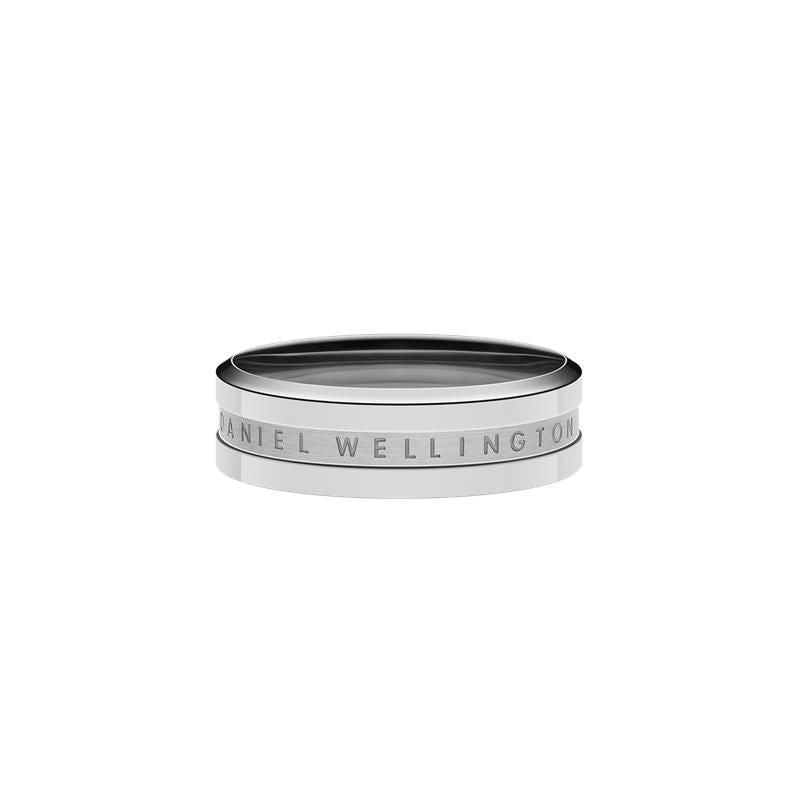 Elegant Daniel Wellington Elan Ring in polished silver stainless steel with a minimalist engraved logo band.
