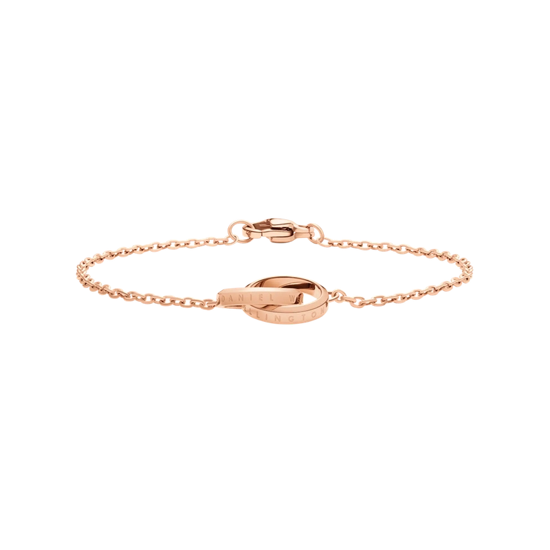 Elegant 155mm Daniel Wellington Elan Unity bracelet in rose gold-plated stainless steel with interlocking rings.
