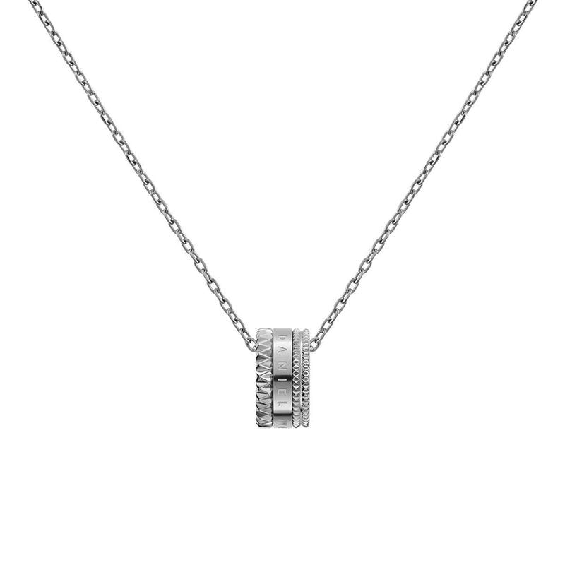 Daniel Wellington Elevation silver stainless steel necklace featuring a geometric pendant on a sleek cable chain.