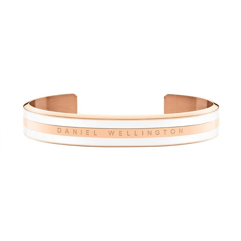 Daniel Wellington Emalie cuff bracelet in rose gold and satin white enamel with engraved logo, size small.