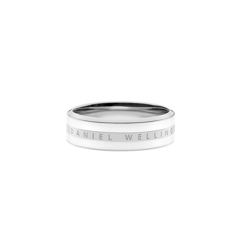 Daniel Wellington Emalie ring in silver stainless steel with a sleek satin white enamel inlay and engraved logo.