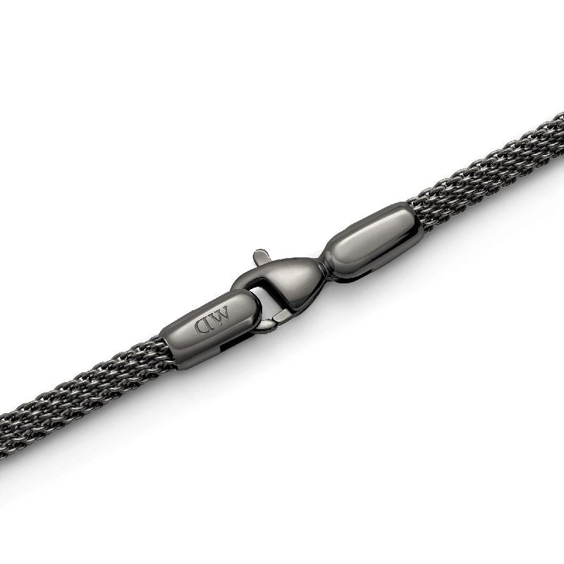 Daniel Wellington graphite stainless steel mesh bracelet featuring a secure lobster clasp and engraved DW logo.