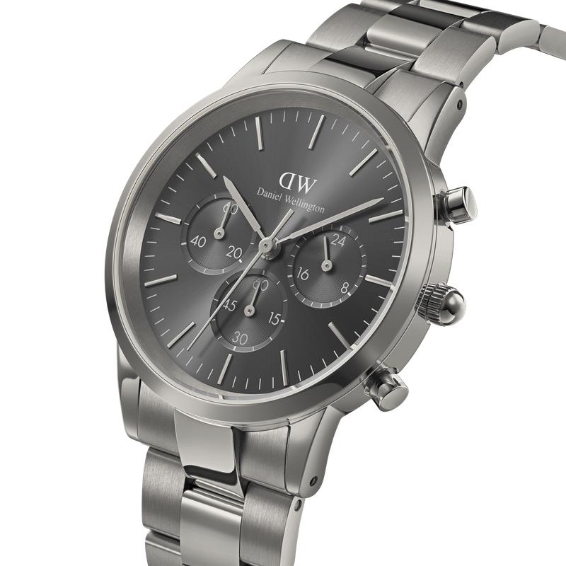Daniel Wellington Iconic Chronograph 42mm watch in graphite stainless steel with a grey sunray dial and link strap.