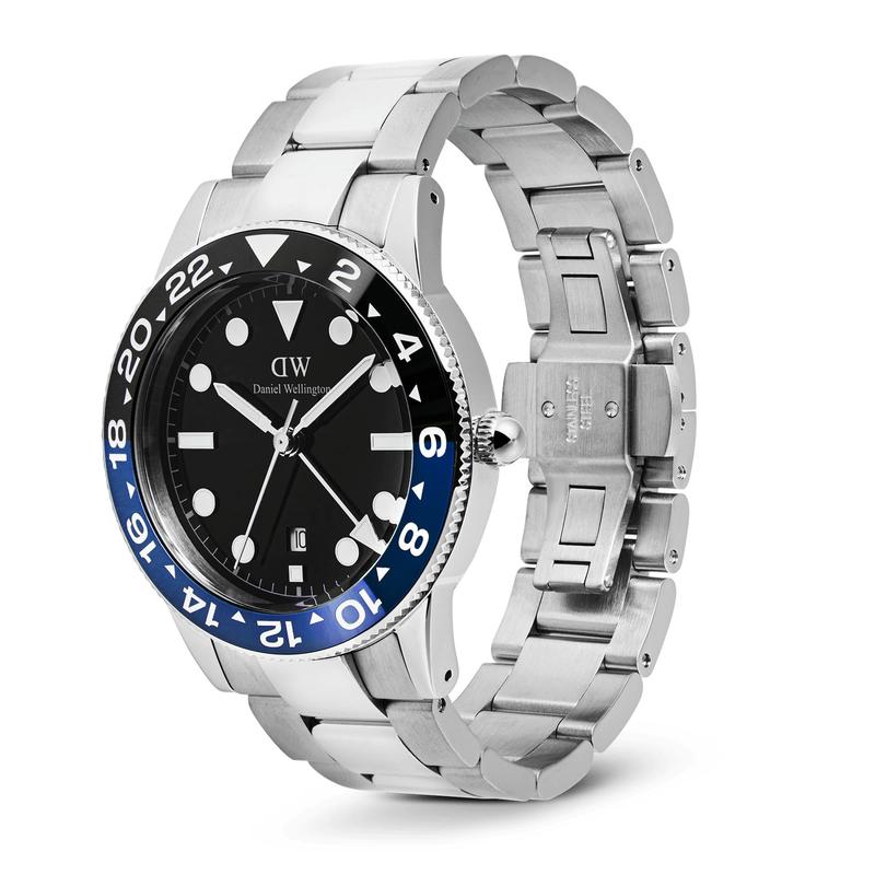 Daniel Wellington Iconic GMT Link Black Blue Ceramic Bezel Silver Watch