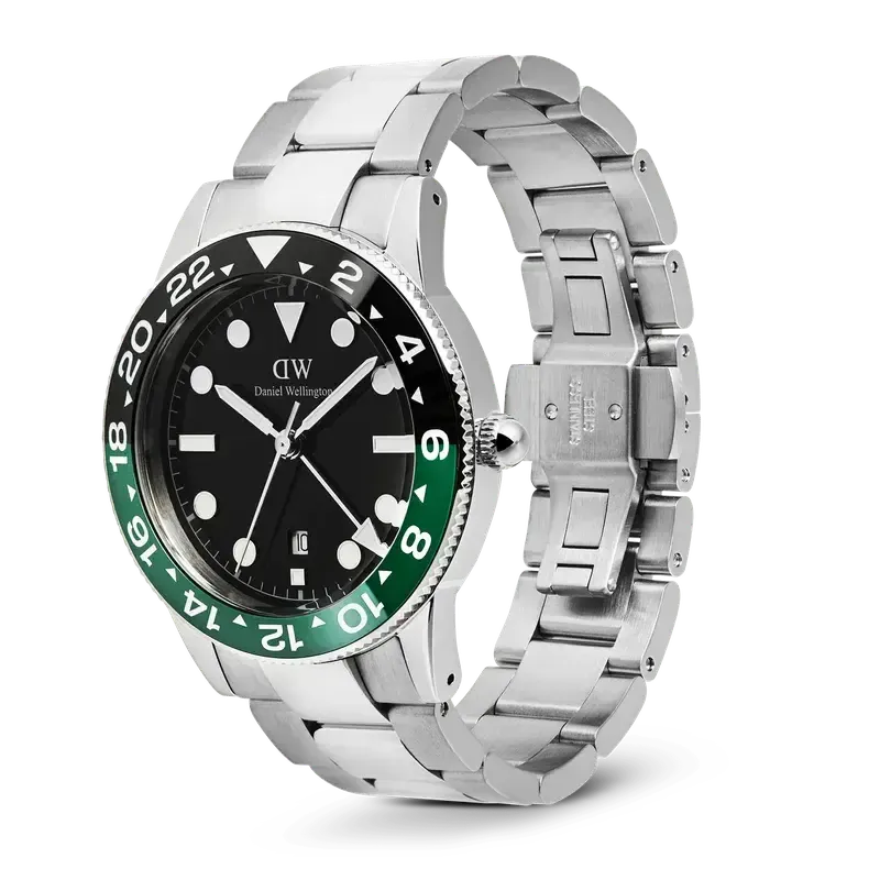 Daniel Wellington Iconic GMT Link Black Green Ceramic Bezel Silver Watch