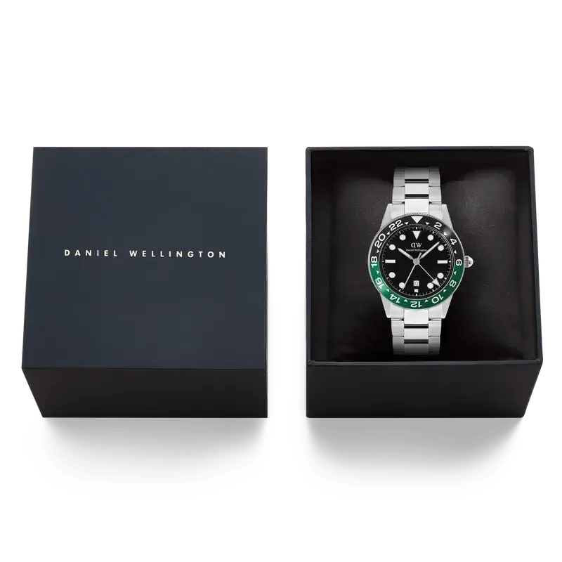 Daniel Wellington Iconic GMT Link Black Green Ceramic Bezel Silver Watch