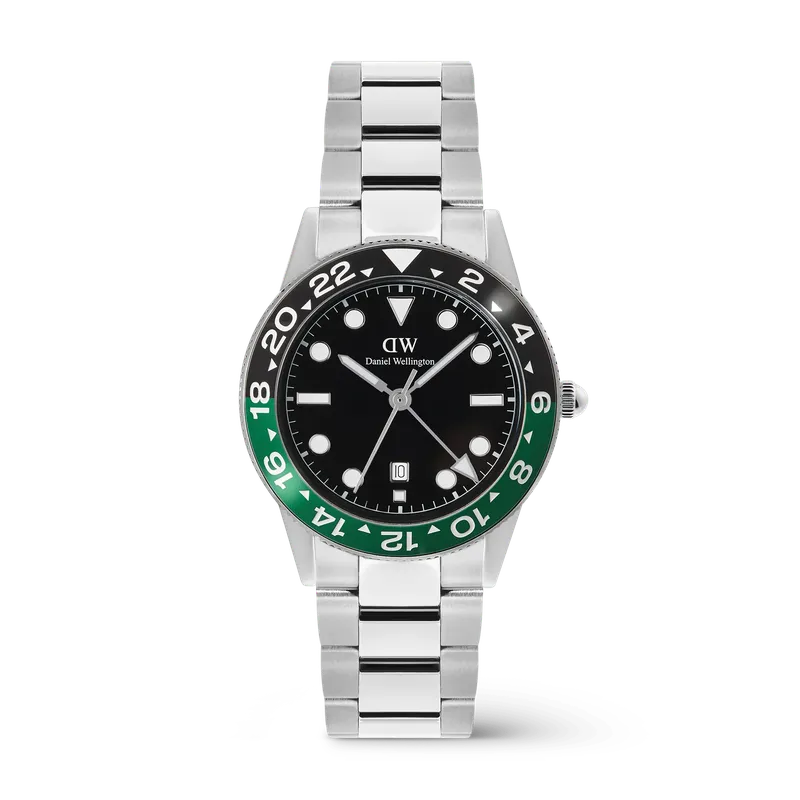 Daniel Wellington Iconic GMT Link Black Green Ceramic Bezel Silver Watch