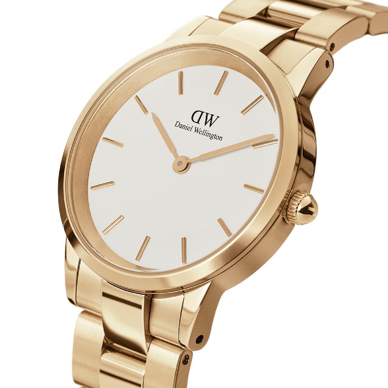 Daniel Wellington 28mm Iconic Link gold watch featuring a white dial and polished stainless steel link bracelet.