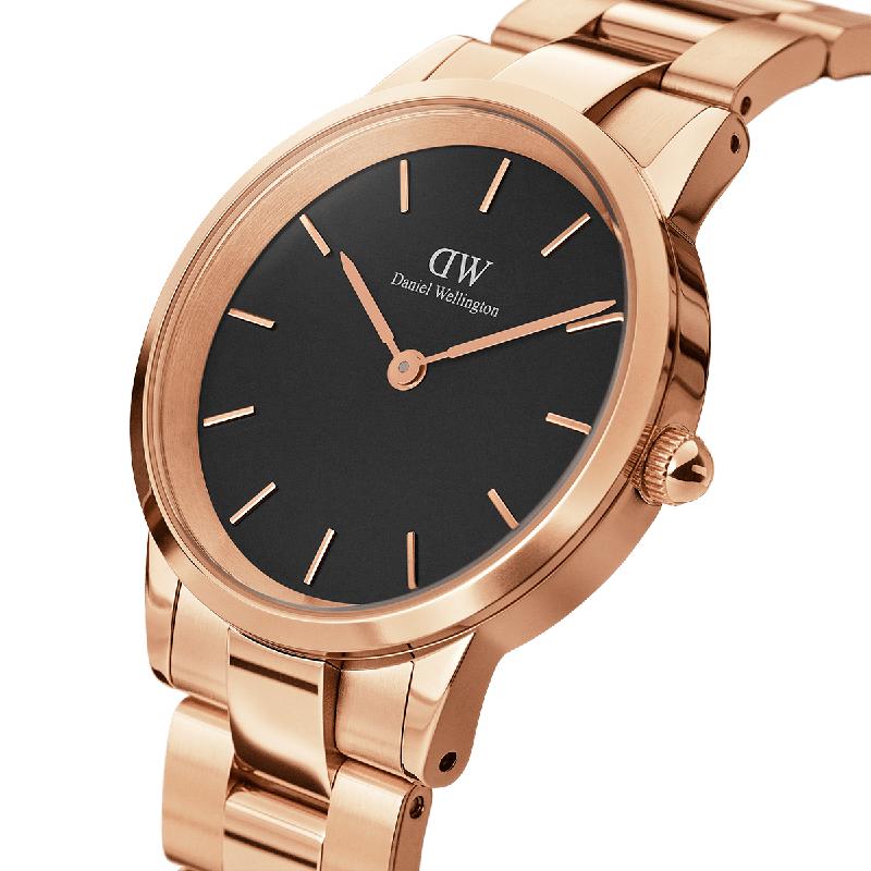 Daniel Wellington Iconic Link 28mm watch in rose gold with a sleek black dial and elegant stainless steel link bracelet.