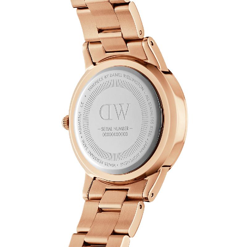 Back view of the 28mm Daniel Wellington Iconic Link rose gold watch featuring a polished stainless steel link bracelet.