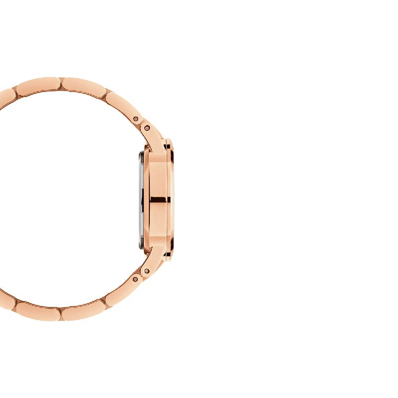 Side profile of the 28mm Daniel Wellington Iconic Link watch in polished rose gold stainless steel with a metal bracelet.
