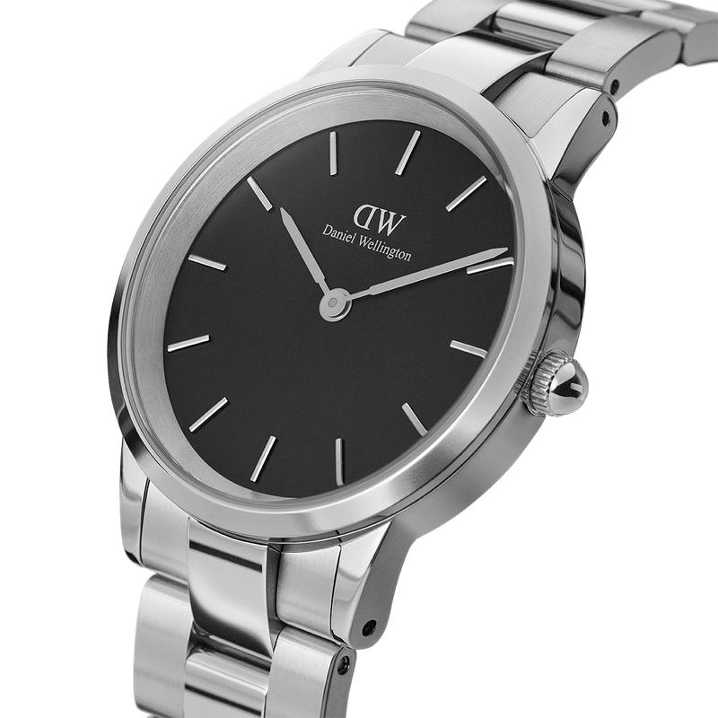Daniel Wellington Iconic Link 32mm watch in polished silver stainless steel with a sleek black dial.