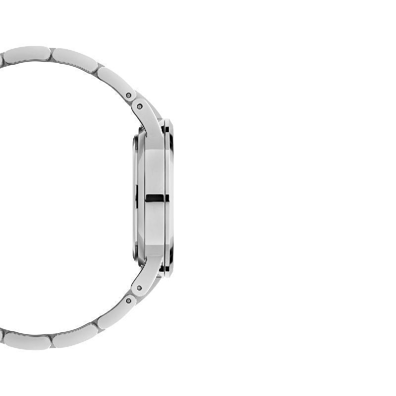Side profile of a 32mm Daniel Wellington Iconic Link watch in polished silver stainless steel with a sleek metal bracelet.