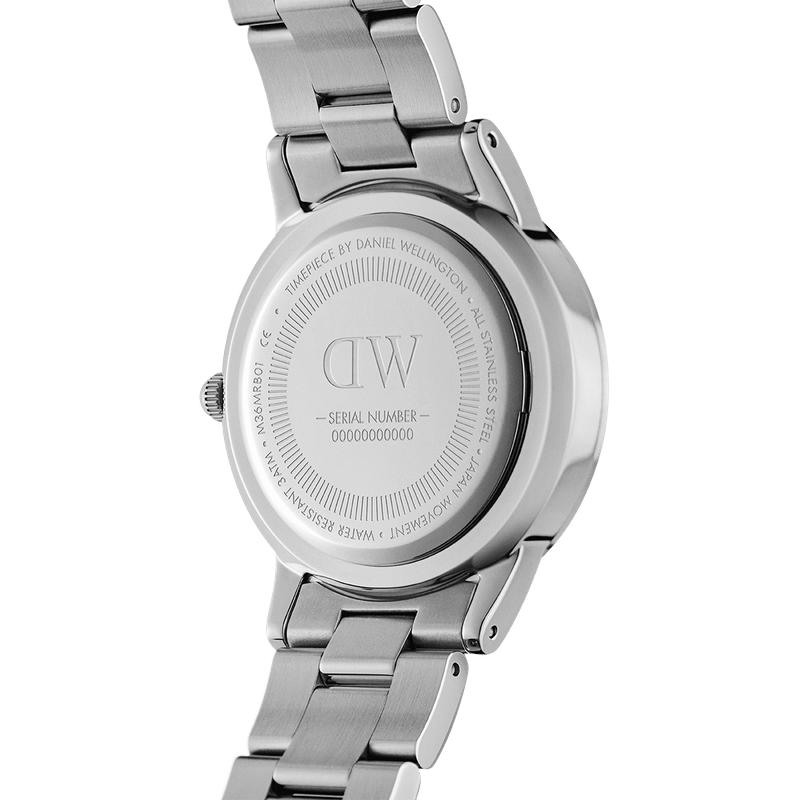Back view of the 32mm Daniel Wellington Iconic Link watch in polished silver stainless steel with a secure metal bracelet.
