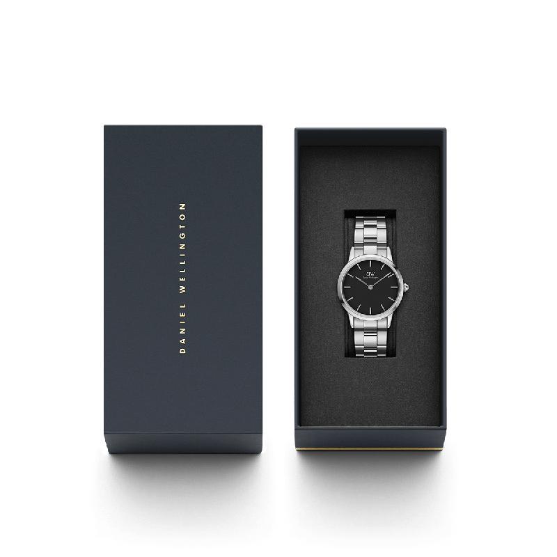 Daniel Wellington Iconic Link 32mm silver watch with a black dial in a premium gift box.