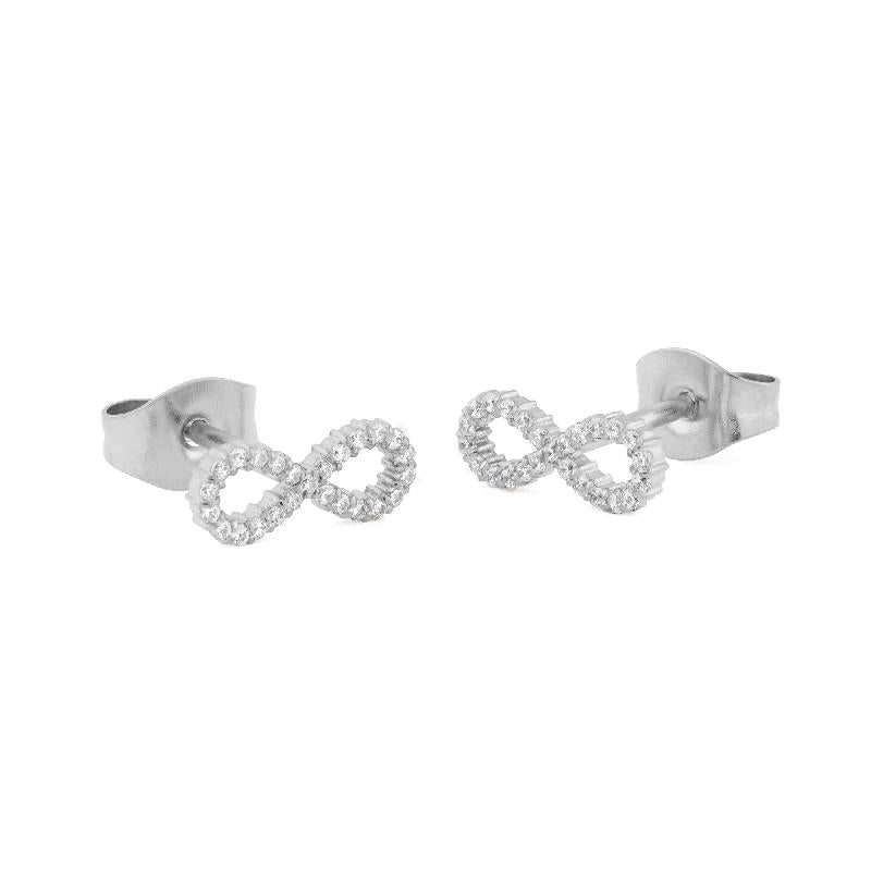 Daniel Wellington Mirelle silver infinity stud earrings featuring polished stainless steel and sparkling white cubic zirconia.