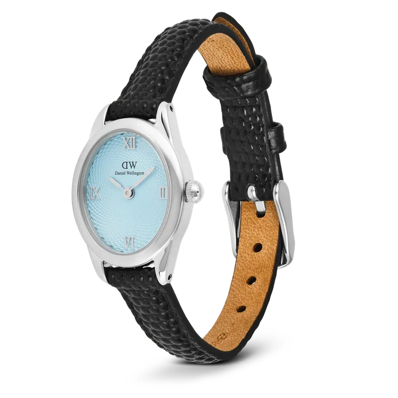 Daniel Wellington Ophelia Mini Black Lizard Ice Blue Guilloché Silver Watch